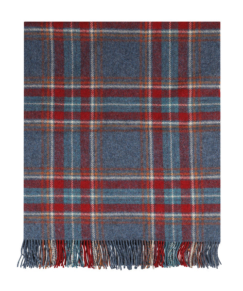 Ierse Plaid van Shetland Wol | Denim Blue Rust Red Plaid