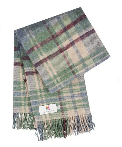 Ierse Plaid van Shetland Wol | Denim Green Camel Burgundy Plaid