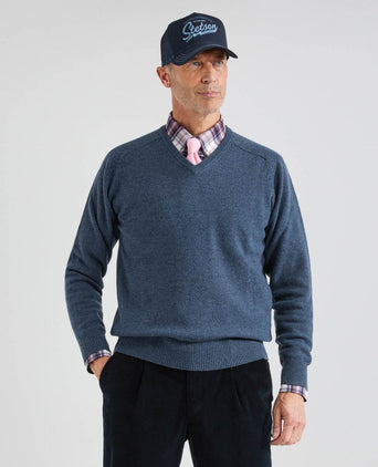 Pullover klassiek Lamswol v-hals | Denim Blauw