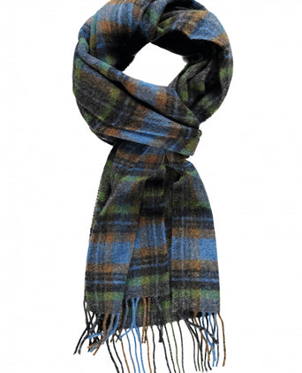 Long Lambswool Check Scarf | Green Blue Burnt Orange Check