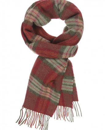 Long Lambswool Check Scarf | Burgundy Green Pink Check