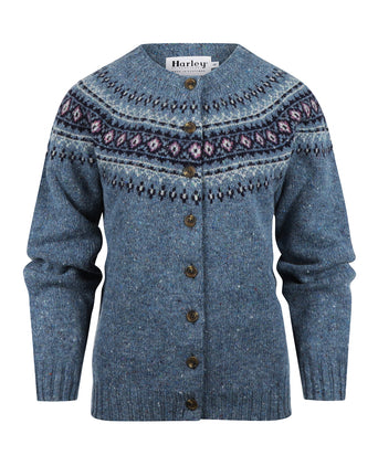 Harley of Scotland Dames Fair Isle Knoopvest | Denim Blauw