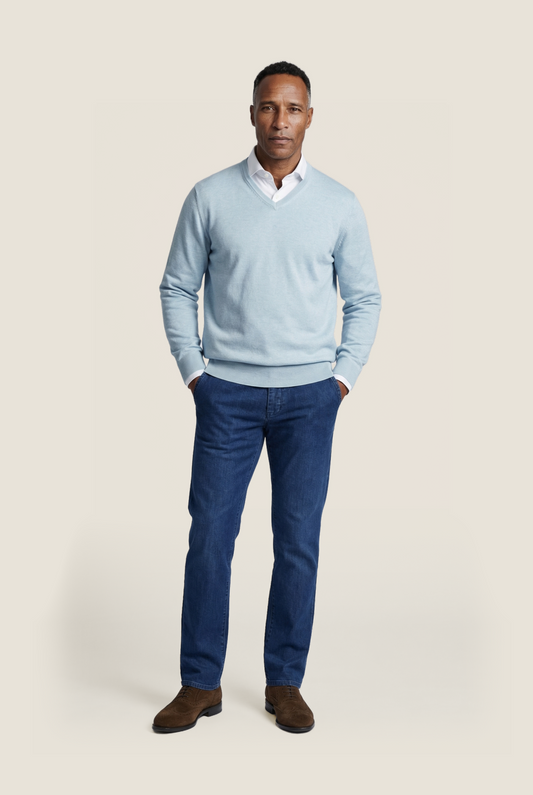 V-Ausschnitt-Pullover aus Baumwolle/Kaschmir | Blau
