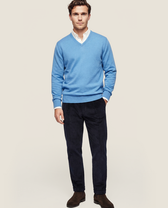 Sweater V-Neck Cotton/Cashmere | Blue