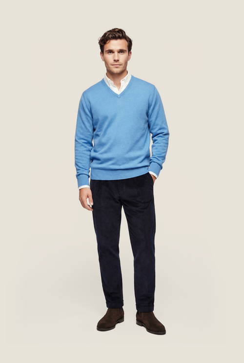 Sweater V-Neck Cotton/Cashmere | Blue
