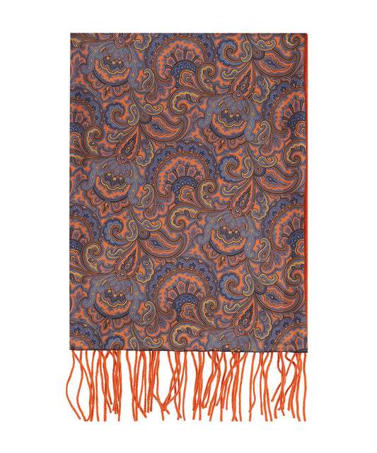 Zijden Cashmere Sjaal | Blauw Oranje Paisley Oranje Effen