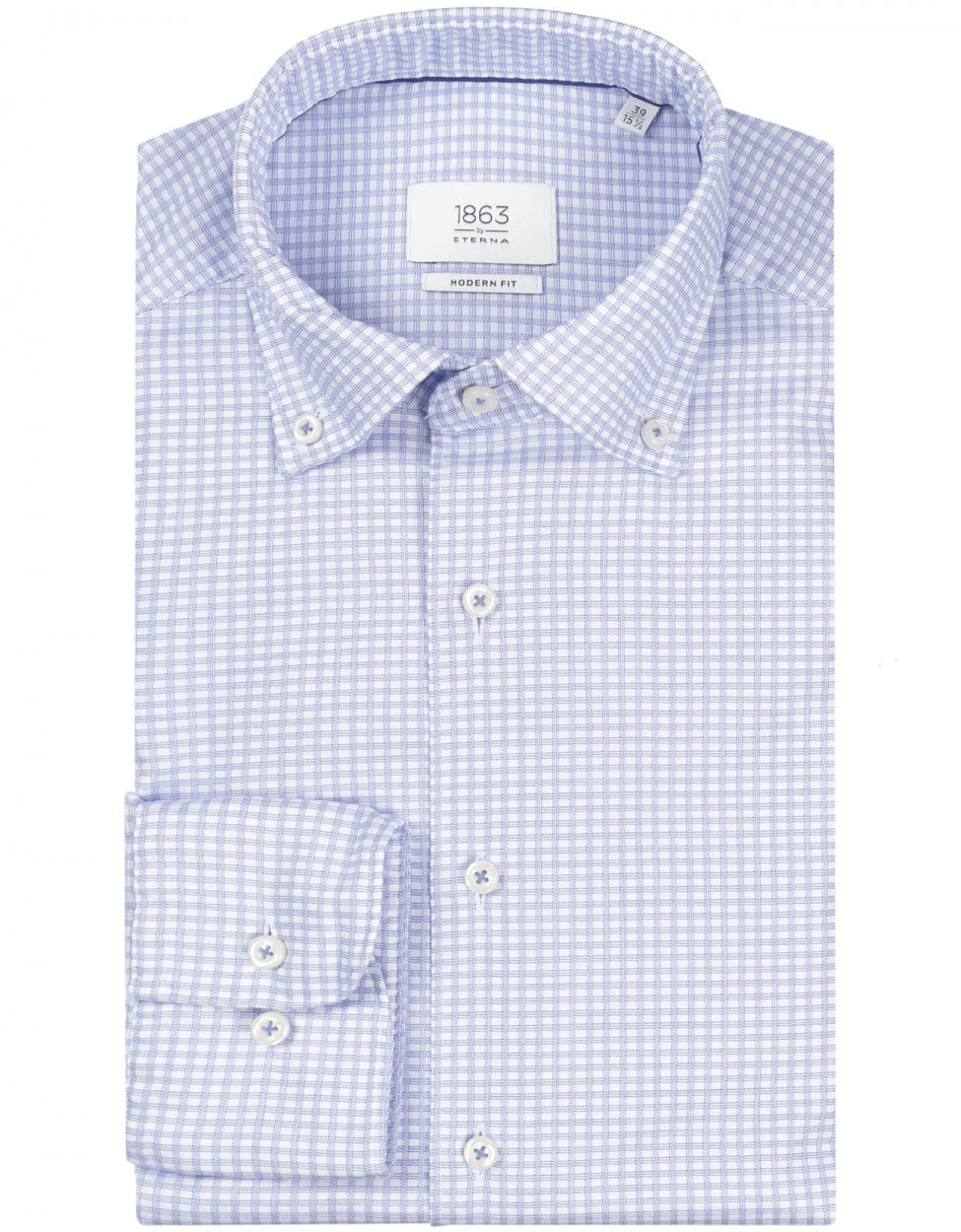Shirt katoen BD | Micro ruit Wit-Lichtblauw
