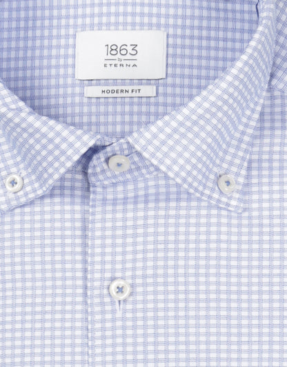 Shirt katoen BD | Micro ruit Wit-Lichtblauw