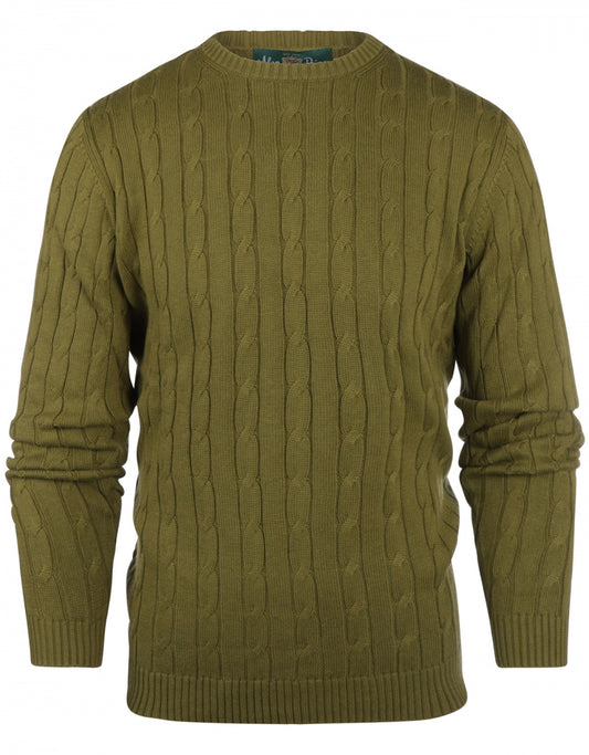 Zopfstrickpullover aus Baumwolle/Kaschmir mit Rundhalsausschnitt | Grün