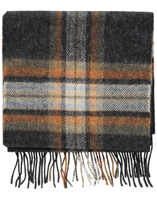 Long Lambswool Plaid Scarf | Charcoal Beige Rust Plaid