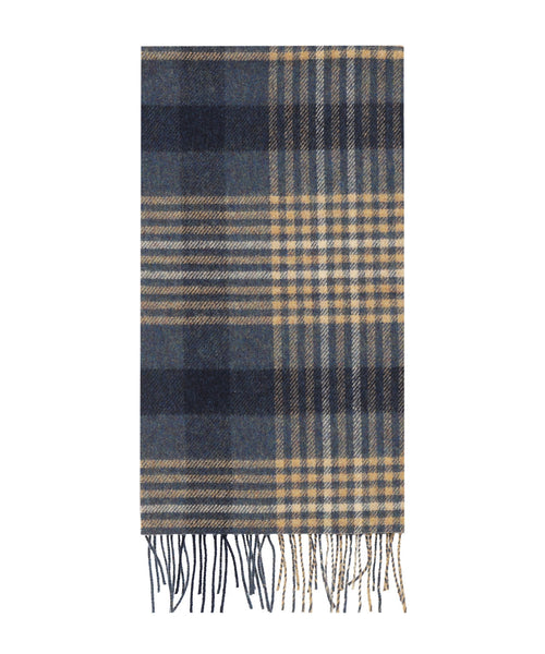Long Lambswool Check Scarf | Denim Navy Beige Black Check