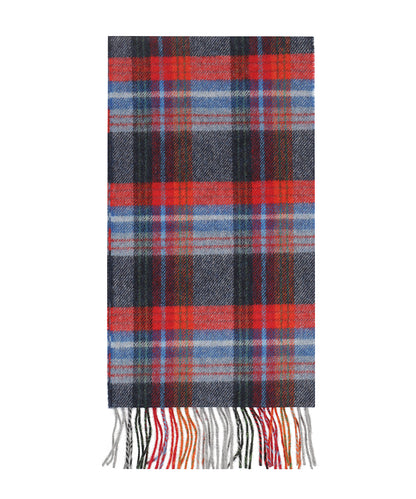 Langer Schal aus Lammwolle mit Karomuster | Marineblau-Rot-Blau-Weinrot-Karo