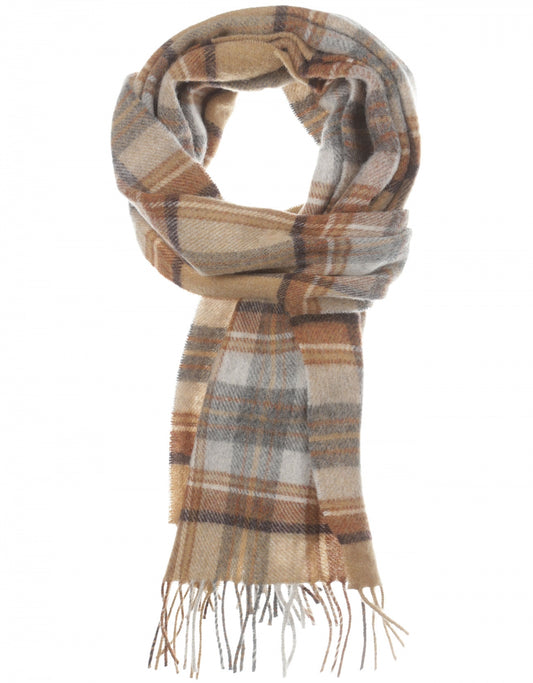 Langer karierter Schal aus Lammwolle | Silber-Beige-Grau-Karo