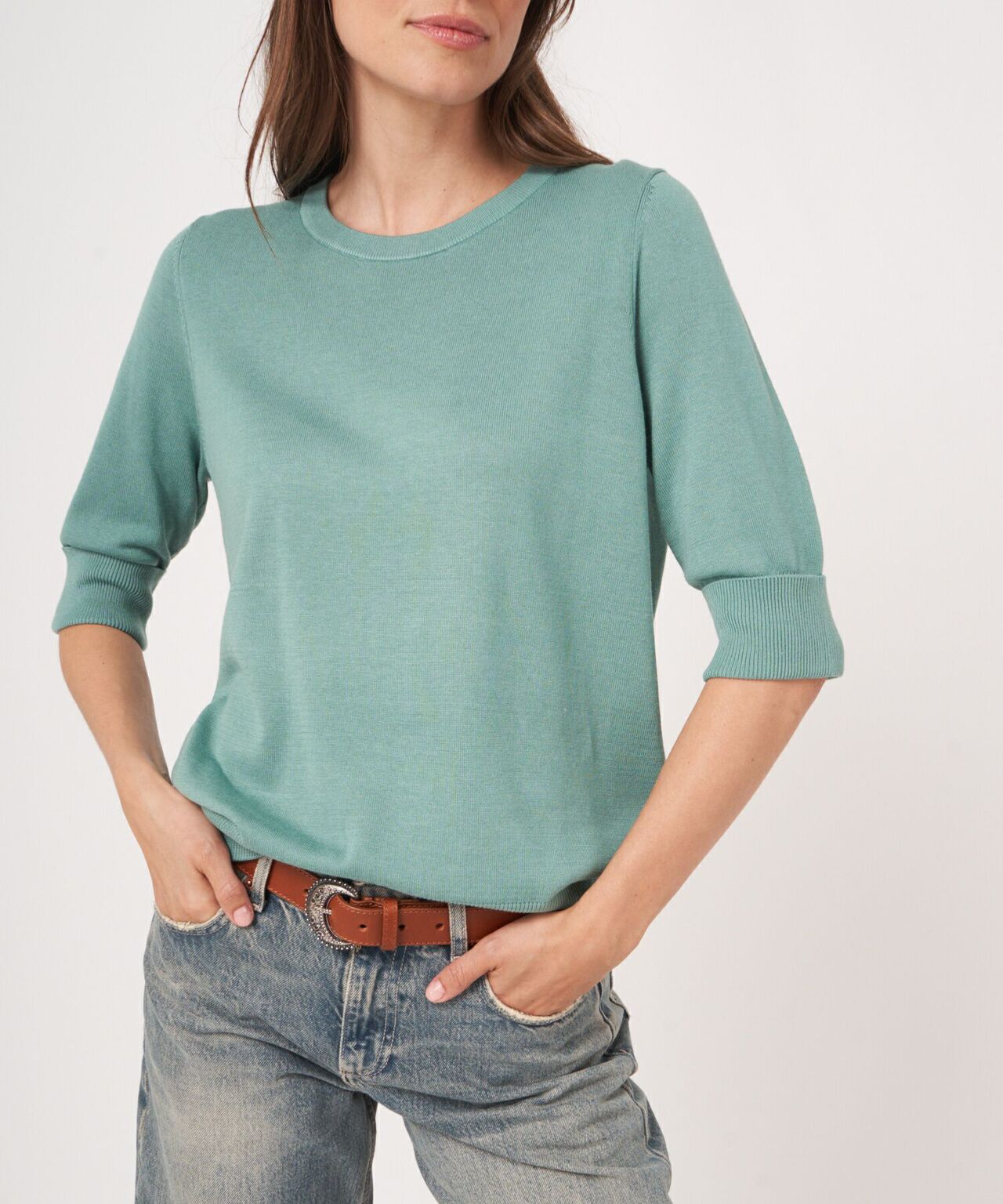 Basic Damenpullover mit kurzen Ärmeln | Grün