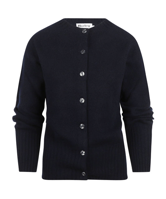 Harley of Scotland Damen-Strickjacke mit Knöpfen, grob gestrickt | Marineblau