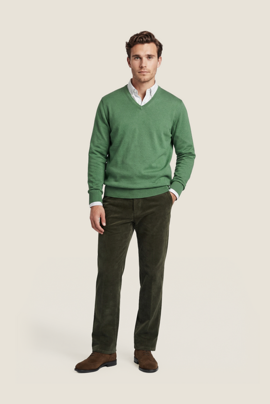V-Ausschnitt-Pullover aus Baumwolle/Kaschmir | Grün