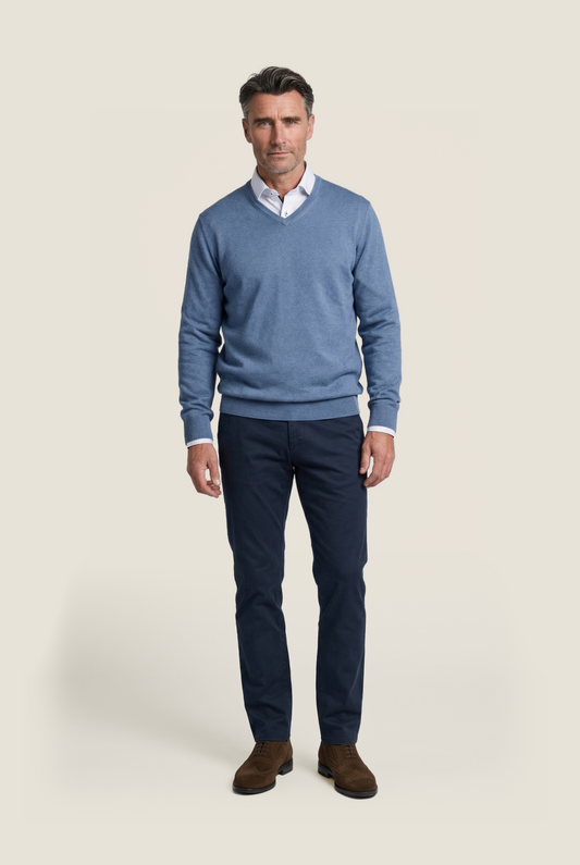 V-Ausschnitt-Pullover aus Baumwolle/Kaschmir | Blau