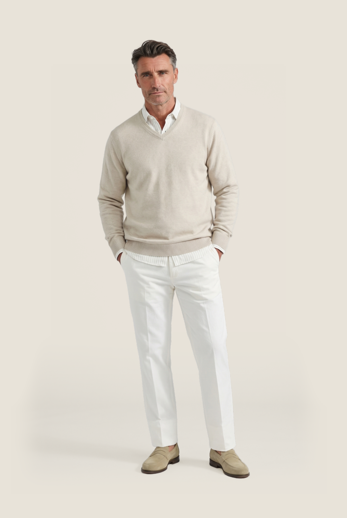 Katoen V-Hals Pullover | Light Beige
