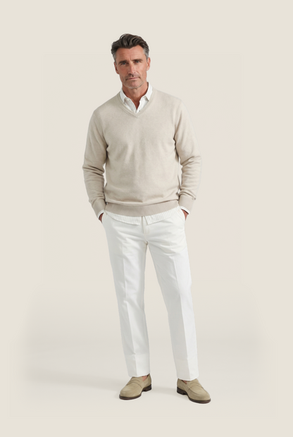 Katoen V-Hals Pullover | Light Beige