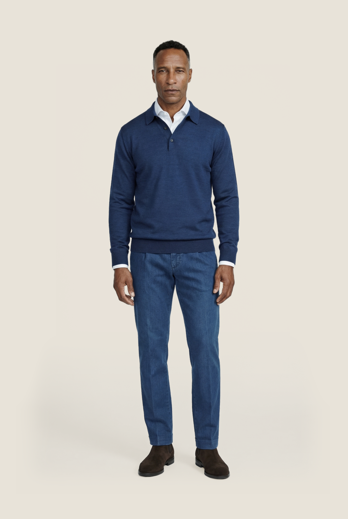 Merino Polo Pullover | Donker Blauw Melange