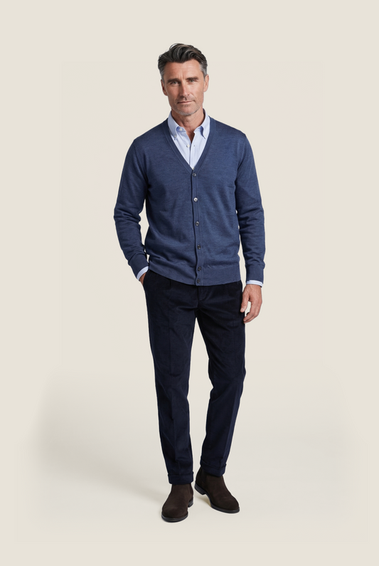 Cardigan mit Knöpfen, feine Merinowolle | Hellindigo